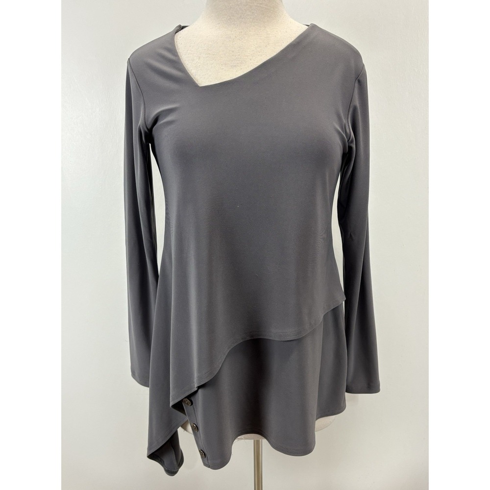 Sympli Canada Tunic Top Shirt Sz 4 Women's Grey Stretch Asymmetric Tiered